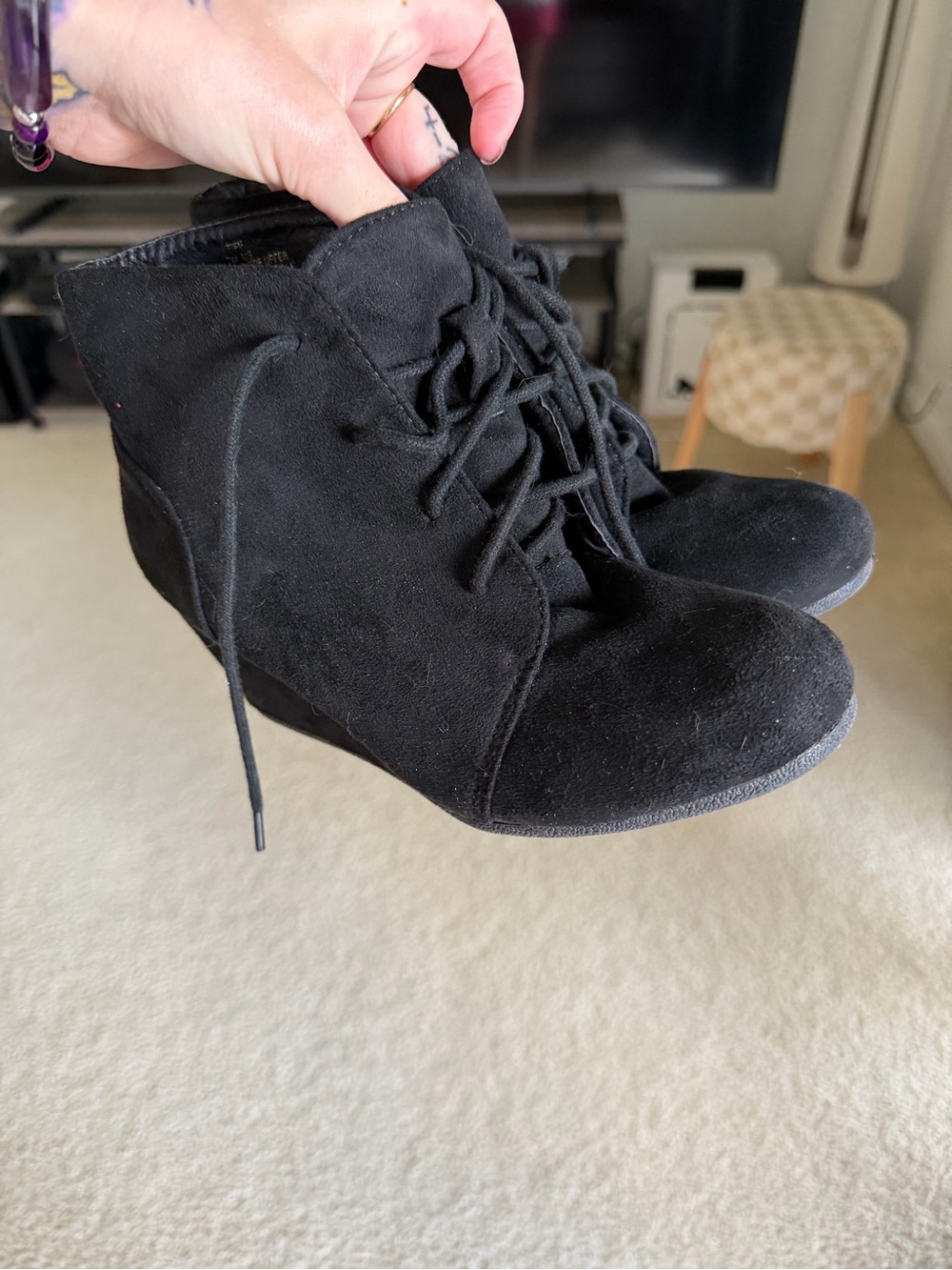 Black Lace-Up Wedge Ankle Boots -  vegan suede Women